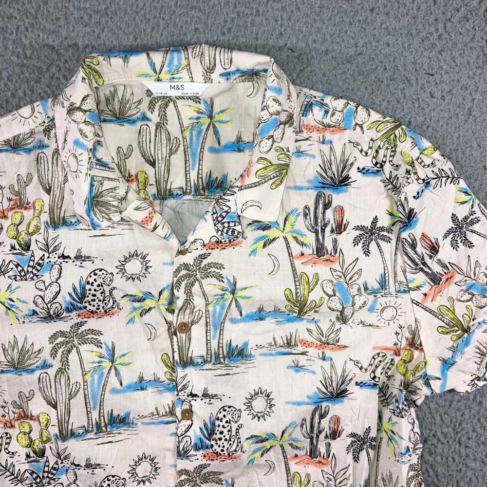 Hawaiian Button Up Shirt Boys 15-16 Desert Safari Allover Print S/S Cream Beach
